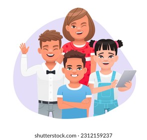 Teamwork. A team of successful happy children. A group of young professionals, schoolchildren or a creative group. Vector illustration in cartoon style.