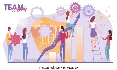 Teamwork, teambuilding, collaboration motivation poster. People collect puzzles together, work with gear wheels metaphor. Business promotion, strategy analysis, communication. Vector illustration