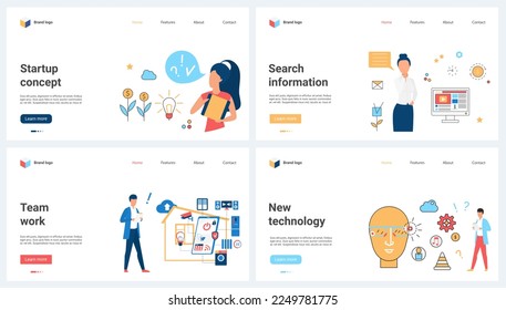 Teamwork, technical information search technology for startup set vector illustration. Cartoon tiny people use new smart devices and AI online communication, grow money plants and light bulbs