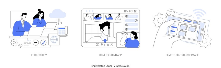 Teamwork technologies isolated cartoon vector illustrations set. IP telephony, voice over Internet Protocol, diverse people using video conference app, remote control software vector cartoon.