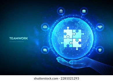 Concepto de tecnología de trabajo en equipo. Asociación empresarial. Red de comunicación de la cooperación mundial. Elementos del equipo de rompecabezas. Punto de mapa mundial, composición de línea. Planeta Tierra a mano. Ilustración vectorial.