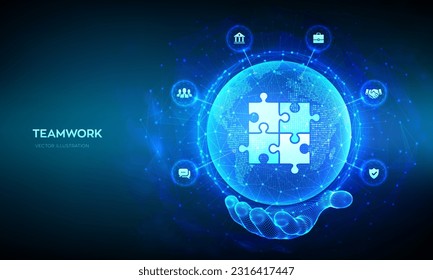 Teamwork-Technologie-Konzept. Geschäftspartnerschaft. Globales Kommunikationsnetz für die Zusammenarbeit. Puzzle Teamelemente. Weltkarte-Punkt, Linienkomposition. Der Erdoberfläche ist in der Hand. Vektorgrafik.