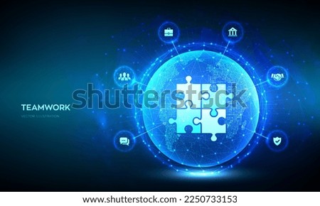 Teamwork technology concept. Business Partnership. Global cooperation network. Internet communication. Puzzle Team elements. World map point, line composition. Earth planet globe. Vector illustration.