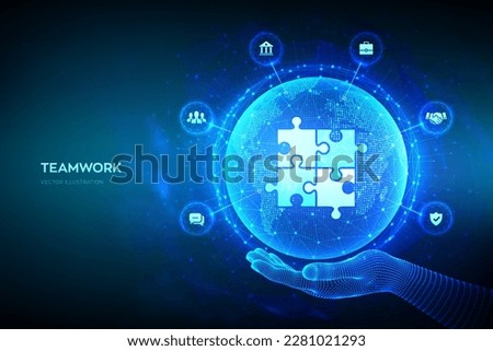 Teamwork technology concept. Business Partnership. Global cooperation communication network. Puzzle Team elements. World map point, line composition. Earth planet globe in hand. Vector illustration.