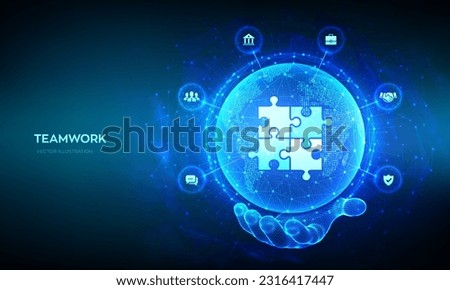 Teamwork technology concept. Business Partnership. Global cooperation communication network. Puzzle Team elements. World map point, line composition. Earth planet globe in hand. Vector illustration.
