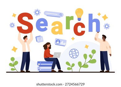 Teamwork and technology concept with diverse people creating search engine idea, digital innovation, internet research, and online information process vector illustration