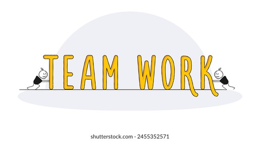 Teamwork text with 2 characters working together. Vector illustration for partnership, collaboration and cooperation