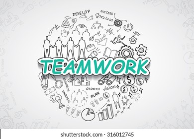 Teamwork text, With creative drawing charts and graphs business success strategy plan idea, Inspiration concept modern design template workflow layout, diagram, step up options, Vector illustration