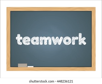 Teamwork text on green school chalkboard background texture with frame vector. Template for your design.