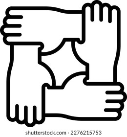 Teamwork thin line icon: four hands holding together for wrist. Modern vector illustration of partnership symbol.