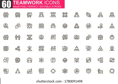Teamwork thin line icon set. Business team collaboration outline pictograms for website and mobile app GUI. Human resource simple UI, UX vector icons. 48x48 pixel perfect linear pictogram pack.