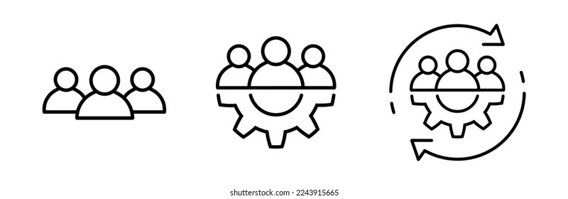 Teamwork thin line icon set in flat style. Team and gear symbol with arrows isolated on white. Leadership concept Vector group of people icon Simple teamwork abstract icon in black Vector illustration