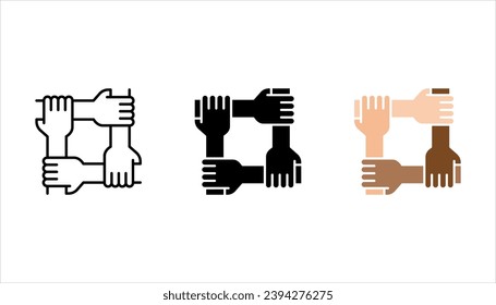 Teamwork thin line icon set, four hands holding together for wrist. partnership symbol. vector illustration on white background