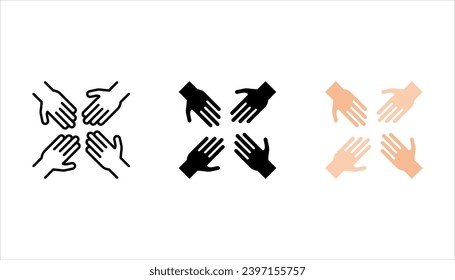 Teamwork thin line icon set, four hands holding together for wrist. partnership symbol. vector illustration on white background