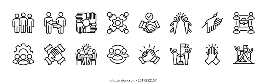 Teamwork thin line icon vector set. Business team working together. Containing cooperation, collaboration, agreement, unity, handshake, help, management, group people, achievement, partnership