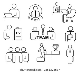 Iconos De La Línea Delgada De Trabajo En Equipo. Pixel perfecto. Trazo editable. Proceso de negocio de iconos de personas, gestión de recursos humanos, equipo de grupos de trabajo de reuniones