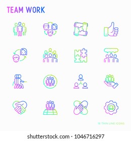 Teamwork thin line icons set: group of people, mutual assistance, meeting, handshake, tug-of-war, cooperation, puzzle, team spirit, cooperation. Modern vector illustration.