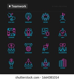 Teamwork thin line icons set: relay race, brainstorm, success, meeting, idea share, collaboration, joint project, unity, support, delegation, bonus. Modern vector illustration for black theme.