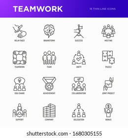 Teamwork thin line icons set: relay race, brainstorm, success, meeting, idea share, collaboration, joint project, unity, support, delegation, bonus. Modern vector illustration.