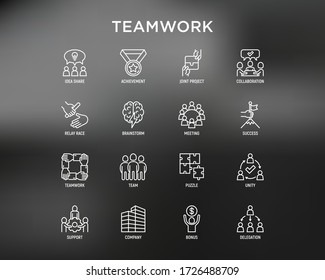 Teamwork thin line icons set: relay race, brainstorm, success, meeting, idea share, collaboration, joint project, unity, support, delegation, bonus. Modern vector illustration.