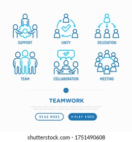 Teamwork thin line icons set: meeting, idea share, collaboration, team, unity, support, delegation. Modern vector illustration.