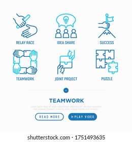 Teamwork thin line icons set: relay race, success, idea share, joint project, unity. Modern vector illustration.