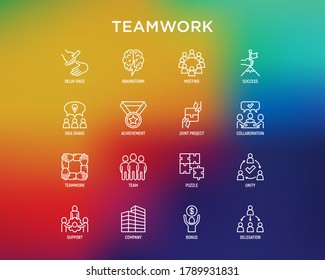 Teamwork thin line icons set: relay race, brainstorm, success, meeting, idea share, collaboration, joint project, unity, support, delegation, bonus. Modern vector illustration.