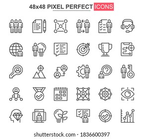 Teamwork thin line icons set. Corporate partnership and business team collaboration unique design icons. Businessman cooperation outline vector bundle. 48x48 pixel perfect linear pictogram pack.