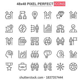 Teamwork thin line icons set. Corporate partnership and business team collaboration unique design icons. Businessman cooperation outline vector bundle. 48x48 pixel perfect linear pictogram pack.