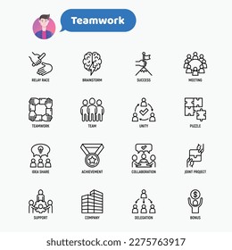 Thin-line-Symbole für Teamwork: Relaisrennen, Brainstorm, Erfolg, Treffen, Ideen teilen, Zusammenarbeit, gemeinsames Projekt, Einheit, Unterstützung, Delegation, Bonus. Moderne Vektorgrafik.