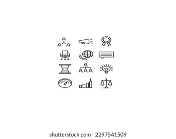 Juego de iconos de línea delgada de trabajo en equipo: carrera de relevos, brainstorm, éxito, reunión, intercambio de ideas, colaboración, proyecto conjunto, unidad, apoyo, delegación, bono. Ilustración vectorial moderna.
