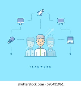 Teamwork. Three cartoon characters standing. Vector illustration in blue with flat line icons