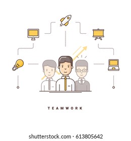 Teamwork. Three cartoon characters standing. Vector illustration with flat line icons