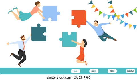 Teamwork and time to build. Collaboration, cooperation, teamwork. A group of people put together a puzzle. Vector, cartoon illustration, vector.