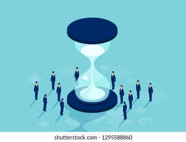 Teamwork and time management concept. Vector of group of businessmen standing around hourglass  solving a problem 