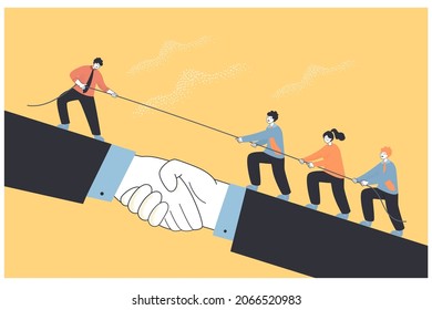 Teamwork of tiny business people climbing handshake after leader. Businessman giving assistance, support to male and female employees flat vector illustration. Success, achievement, leadership concept