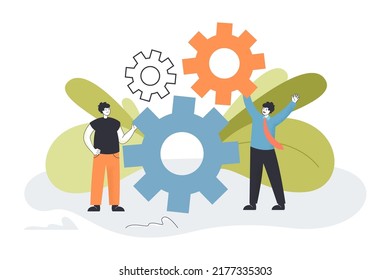 Teamwork of tiny business people with gears and cogwheels. Upgrade and support of mechanism by male characters flat vector illustration. Solution concept for banner, website design or landing web page