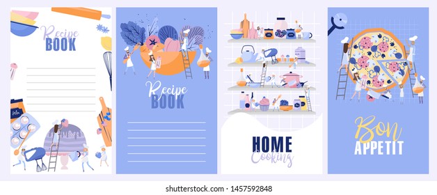 Teamwork, Tiny Characters in Chef Uniform cook on the huge shelve with dishes, pans, food and spices. Food Preparing Process. Recipe illustration. Set of vertical illustration for Mobile App. 