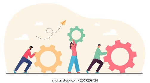 Teamwork of tiny people with gears and cogwheels. Team of partners working on upgrade, repair, improving skills and client service flat vector illustration. Business organization, cooperation concept