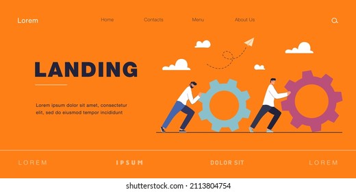Teamwork of tiny people with gears and cogwheels. Team of partners working on upgrade, repair, improving skills and client service flat vector illustration. Business organization, cooperation concept