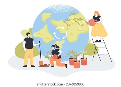 Teamwork of tiny volunteers on reforestation, ecology protection. People planting tree seedlings with shovel and watering can together flat vector illustration. Environment, agriculture concept