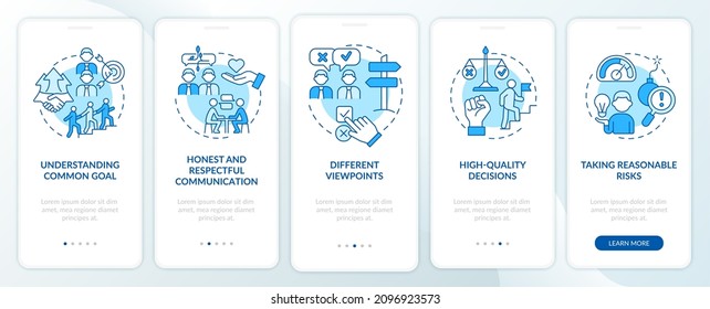 Teamwork tips blue onboarding mobile app screen. Successful company walkthrough 5 steps graphic instructions pages with linear concepts. UI, UX, GUI template. Myriad Pro-Bold, Regular fonts used