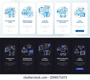 Teamwork tips night and day mode onboarding mobile app screen. Success walkthrough 5 steps graphic instructions pages with linear concepts. UI, UX, GUI template. Myriad Pro-Bold, Regular fonts used