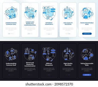 Teamwork tips night and day mode onboarding mobile app screen. Company walkthrough 5 steps graphic instructions pages with linear concepts. UI, UX, GUI template. Myriad Pro-Bold, Regular fonts used