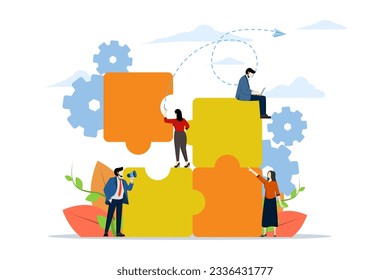 teamwork together in company, people putting together puzzles, solving problems in business, business leaders set construction process vector, Vector illustration, flat on white background.