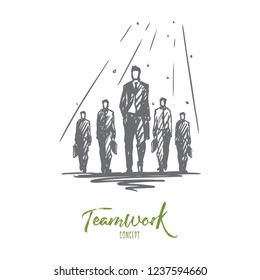 Teamwork, together, leadership, recruiting, human resources concept. Hand drawn team of businessmen working together concept sketch. Isolated vector illustration.