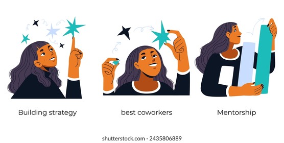 Teamwork-Tools und Ansatz für erfolgreiches Geschäft - Reihe von Konzeptabbildungen. Sammlung visueller Geschichten