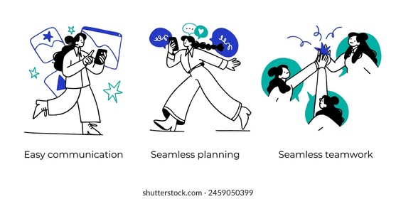 Teamwork tools and approach for successful business - set of concept illustrations. Visual stories collection