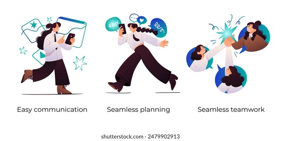 Teamwork tools and approach for successful business - set of concept illustrations. Visual stories collection