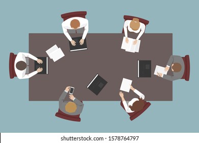 Teamwork. Top view of employees working at table. Vector.